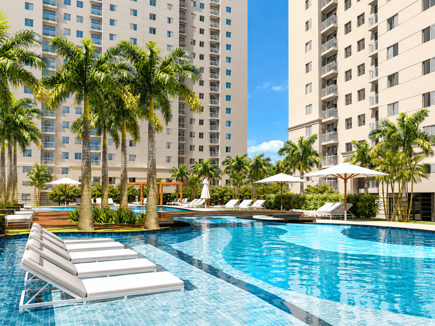 Condomínio residencial com piscina e palmeiras